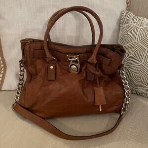 Michael Kors Hamilton Satchel Brown Croc Embossed | Lock & Key